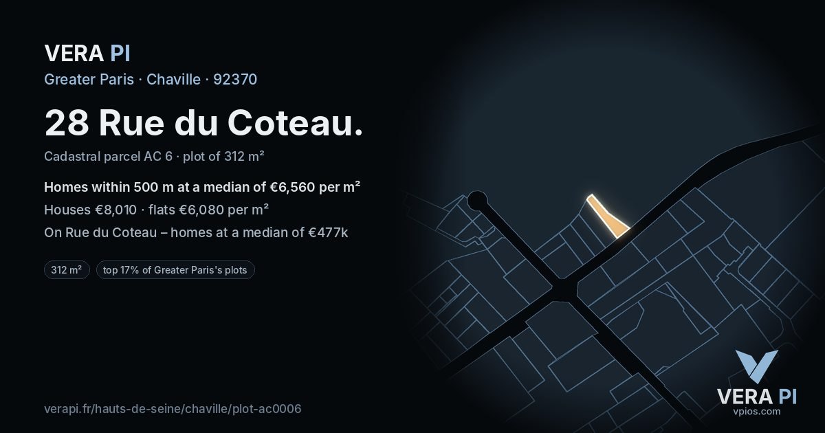 28 Rue du Coteau, Chaville at night – the plot lit, the parcels around coloured by the prices near them