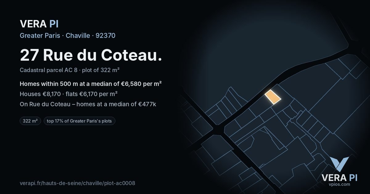 27 Rue du Coteau, Chaville at night – the plot lit, the parcels around coloured by the prices near them