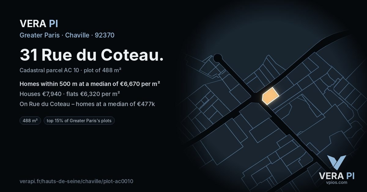 31 Rue du Coteau, Chaville at night – the plot lit, the parcels around coloured by the prices near them