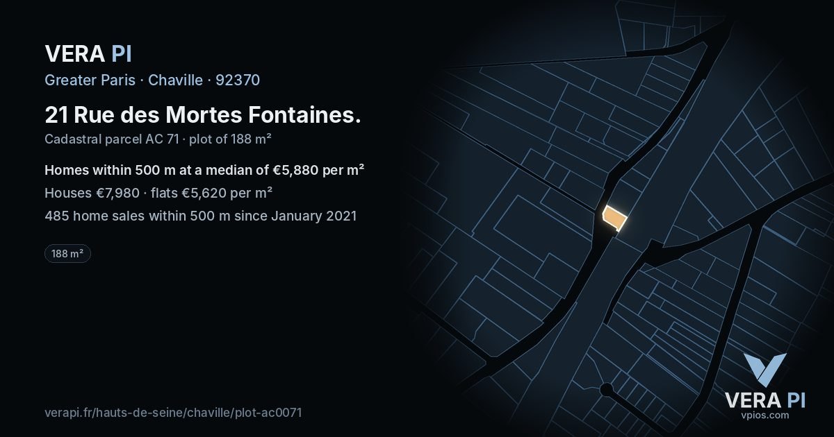 21 Rue des Mortes Fontaines, Chaville at night – the plot lit, the parcels around coloured by the prices near them