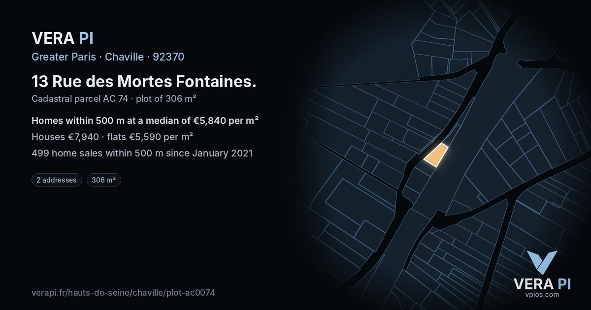 13 Rue des Mortes Fontaines, Chaville at night – the plot lit, the parcels around coloured by the prices near them