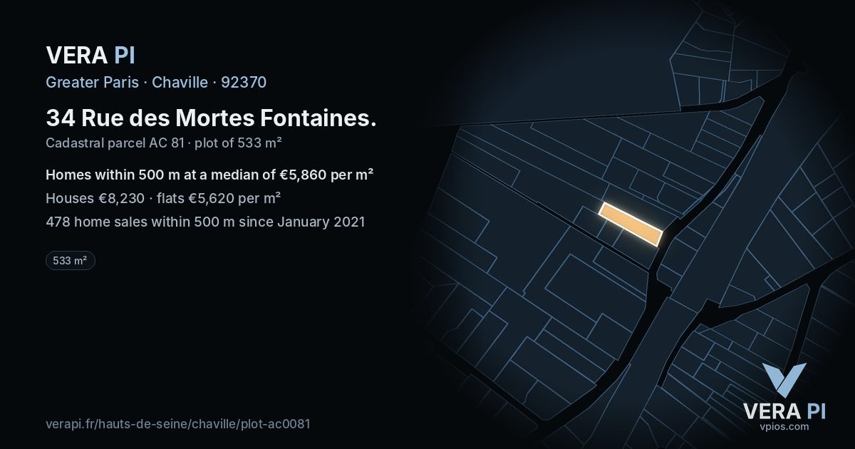 34 Rue des Mortes Fontaines, Chaville at night – the plot lit, the parcels around coloured by the prices near them