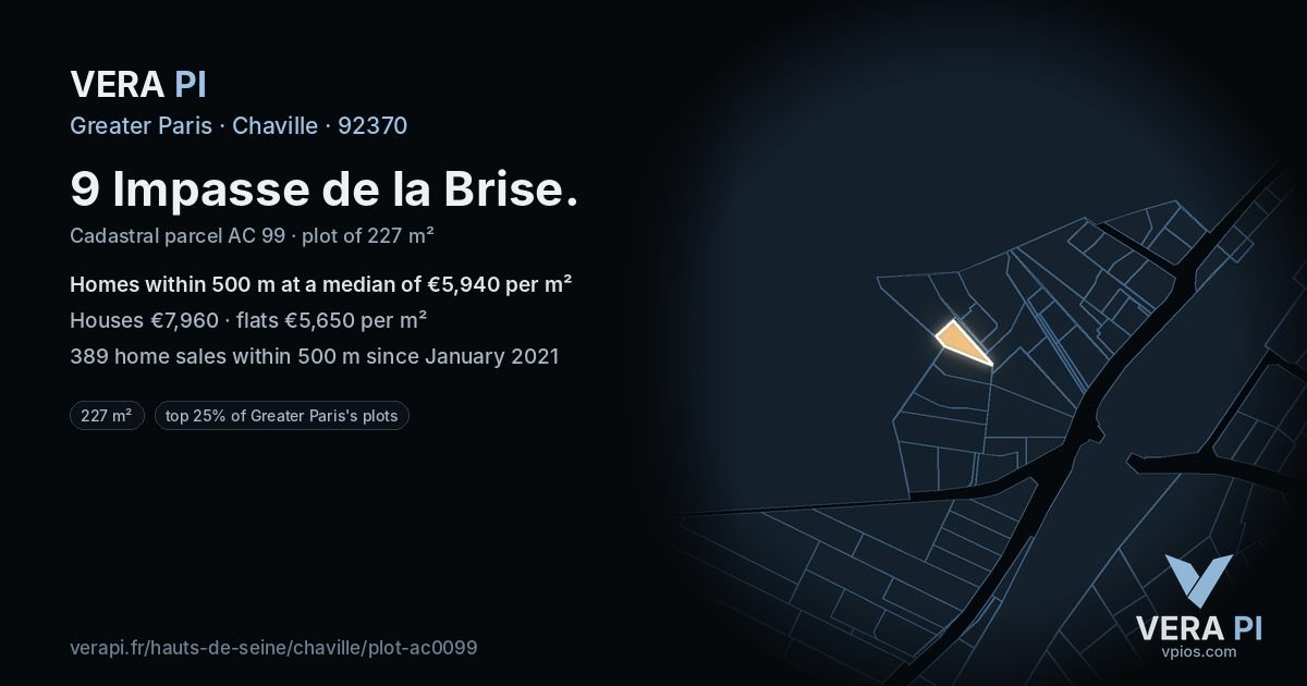 9 Impasse de la Brise, Chaville at night – the plot lit, the parcels around coloured by the prices near them
