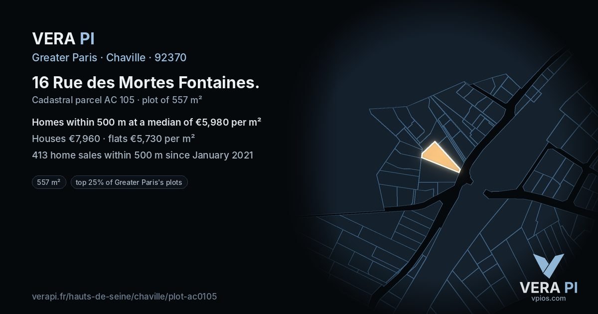16 Rue des Mortes Fontaines, Chaville at night – the plot lit, the parcels around coloured by the prices near them