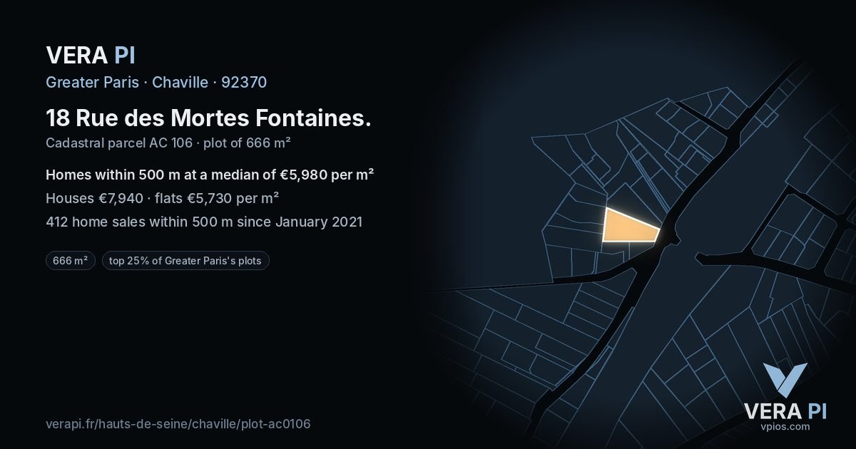 18 Rue des Mortes Fontaines, Chaville at night – the plot lit, the parcels around coloured by the prices near them
