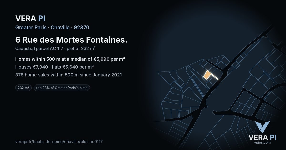 6 Rue des Mortes Fontaines, Chaville at night – the plot lit, the parcels around coloured by the prices near them