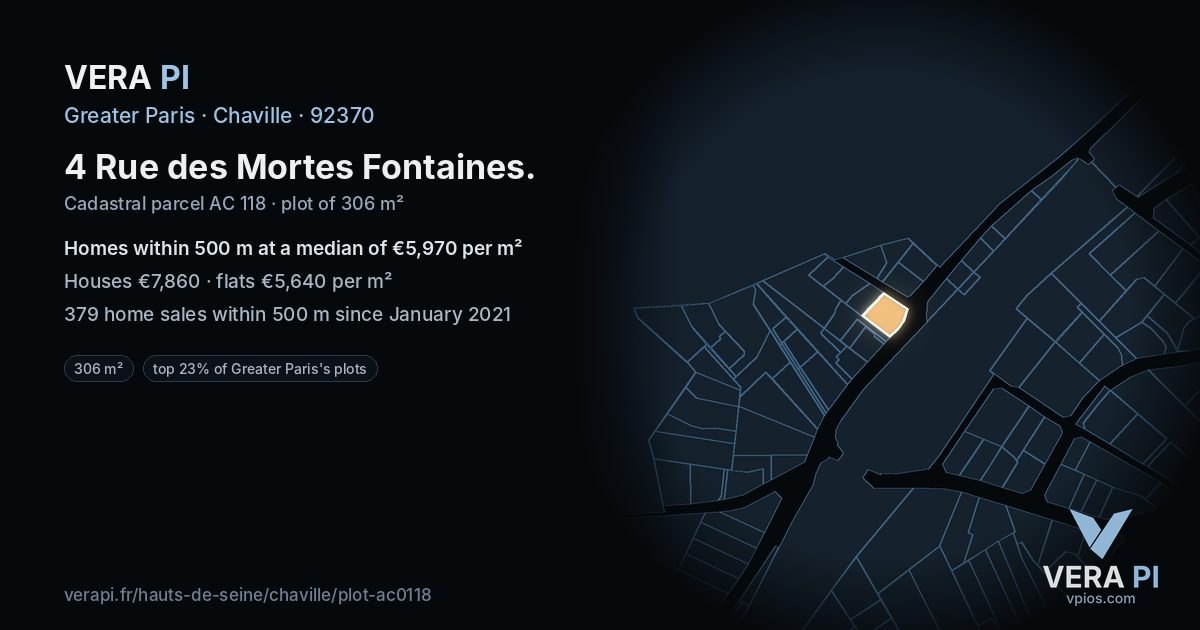 4 Rue des Mortes Fontaines, Chaville at night – the plot lit, the parcels around coloured by the prices near them