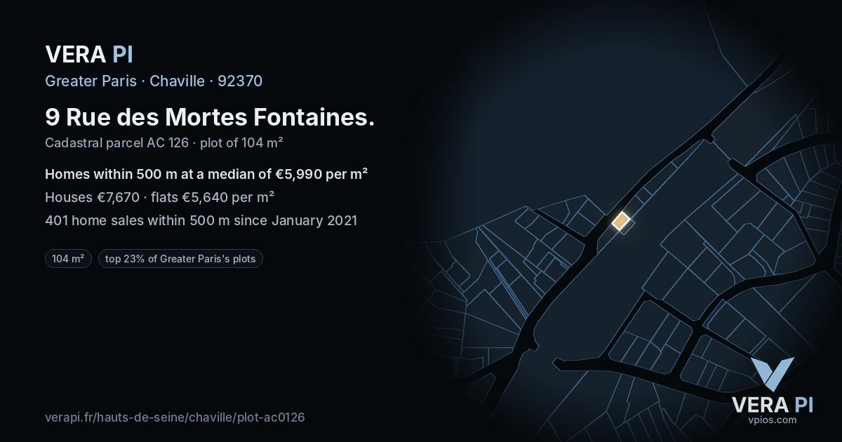 9 Rue des Mortes Fontaines, Chaville at night – the plot lit, the parcels around coloured by the prices near them