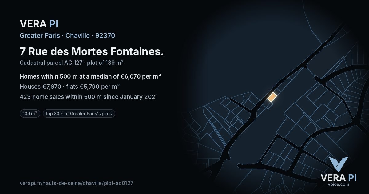 7 Rue des Mortes Fontaines, Chaville at night – the plot lit, the parcels around coloured by the prices near them