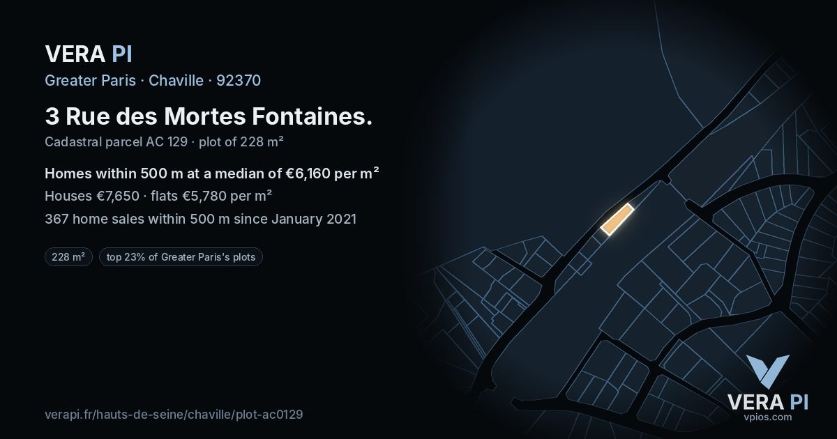 3 Rue des Mortes Fontaines, Chaville at night – the plot lit, the parcels around coloured by the prices near them