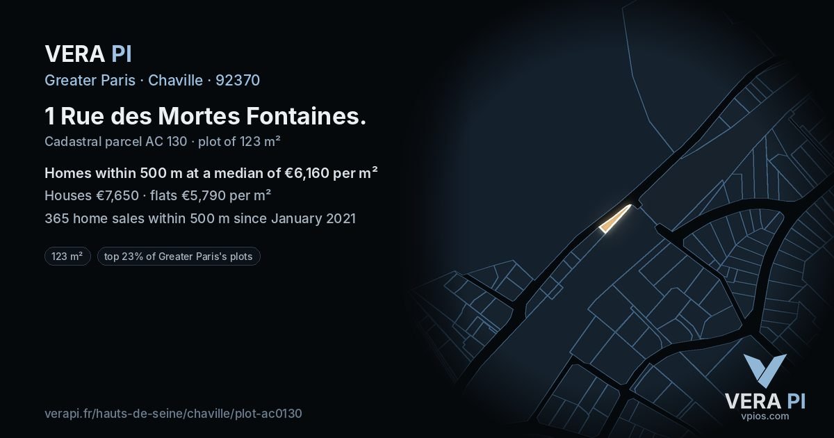 1 Rue des Mortes Fontaines, Chaville at night – the plot lit, the parcels around coloured by the prices near them