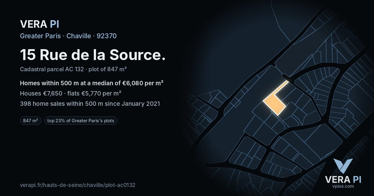 15 Rue de la Source, Chaville at night – the plot lit, the parcels around coloured by the prices near them