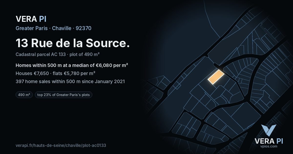 13 Rue de la Source, Chaville at night – the plot lit, the parcels around coloured by the prices near them
