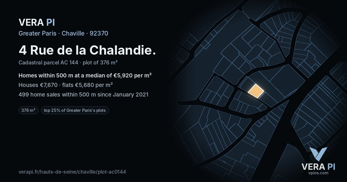 4 Rue de la Chalandie, Chaville at night – the plot lit, the parcels around coloured by the prices near them