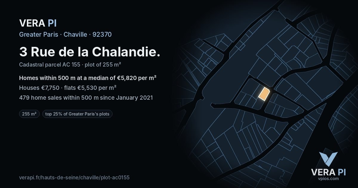 3 Rue de la Chalandie, Chaville at night – the plot lit, the parcels around coloured by the prices near them
