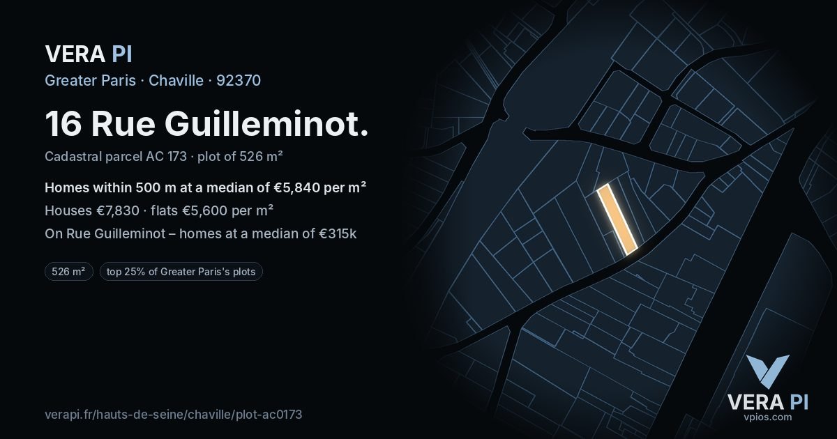 16 Rue Guilleminot, Chaville at night – the plot lit, the parcels around coloured by the prices near them