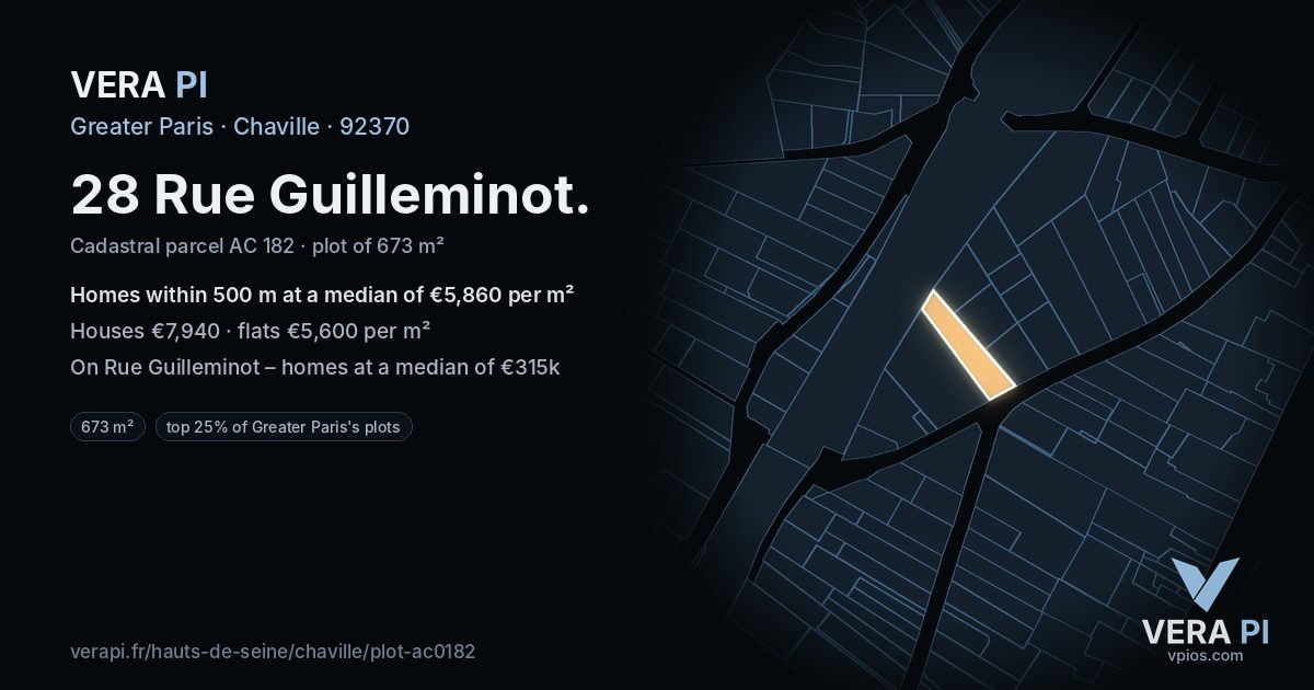 28 Rue Guilleminot, Chaville at night – the plot lit, the parcels around coloured by the prices near them