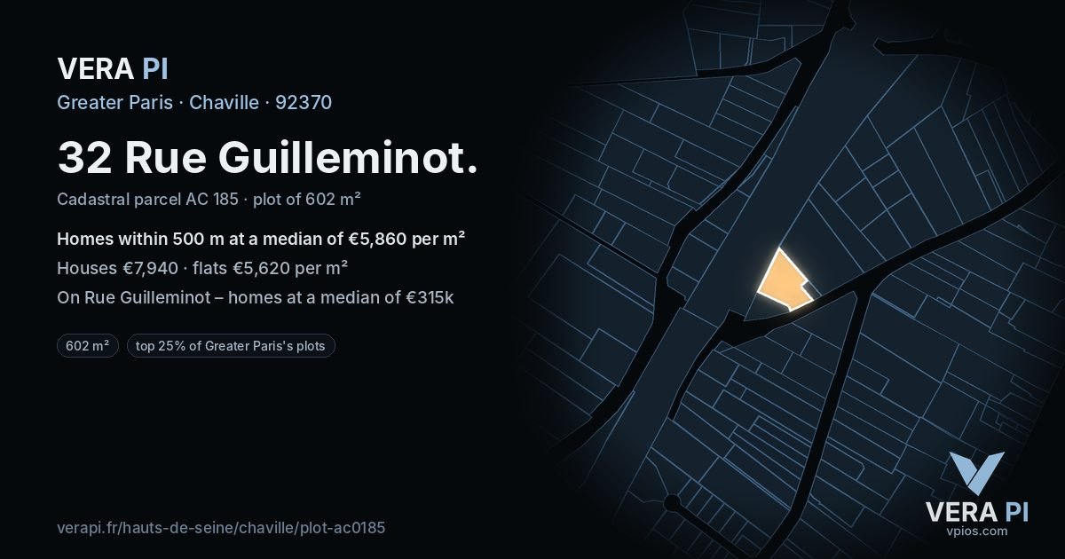 32 Rue Guilleminot, Chaville at night – the plot lit, the parcels around coloured by the prices near them