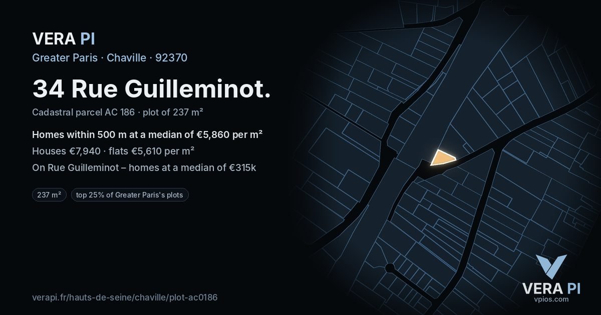 34 Rue Guilleminot, Chaville at night – the plot lit, the parcels around coloured by the prices near them