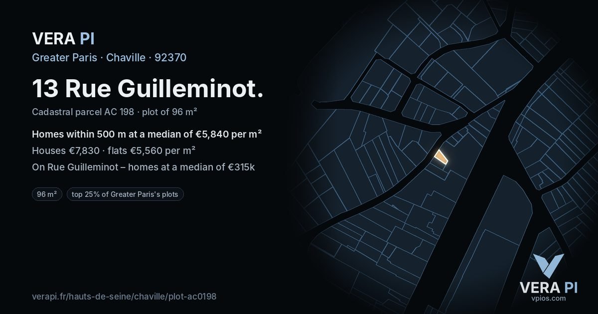 13 Rue Guilleminot, Chaville at night – the plot lit, the parcels around coloured by the prices near them