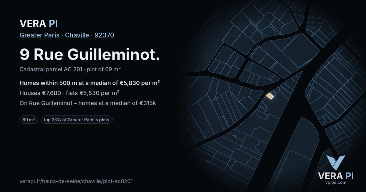 9 Rue Guilleminot, Chaville at night – the plot lit, the parcels around coloured by the prices near them