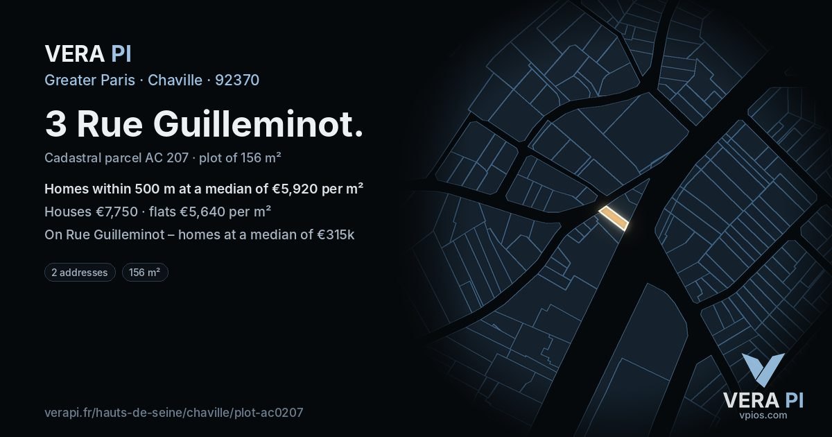3 Rue Guilleminot, Chaville at night – the plot lit, the parcels around coloured by the prices near them
