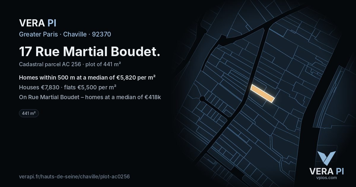 17 Rue Martial Boudet, Chaville at night – the plot lit, the parcels around coloured by the prices near them