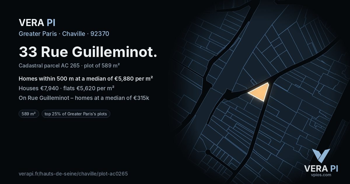 33 Rue Guilleminot, Chaville at night – the plot lit, the parcels around coloured by the prices near them