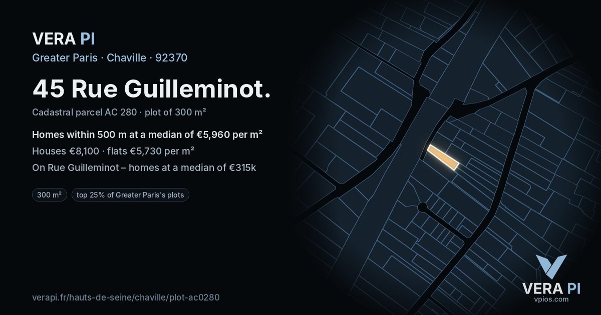 45 Rue Guilleminot, Chaville at night – the plot lit, the parcels around coloured by the prices near them