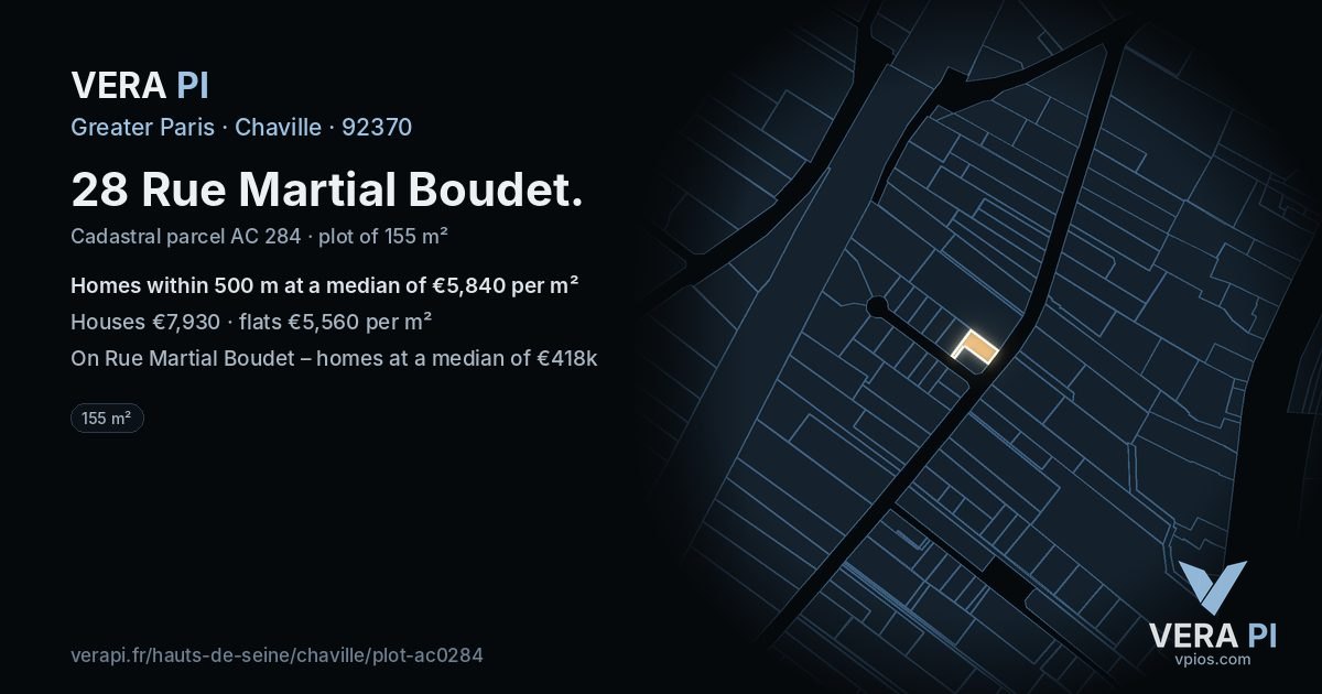 28 Rue Martial Boudet, Chaville at night – the plot lit, the parcels around coloured by the prices near them