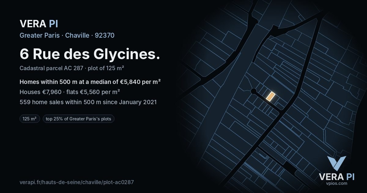 6 Rue des Glycines, Chaville at night – the plot lit, the parcels around coloured by the prices near them