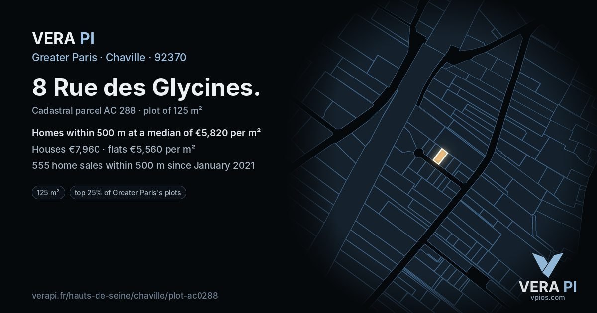 8 Rue des Glycines, Chaville at night – the plot lit, the parcels around coloured by the prices near them