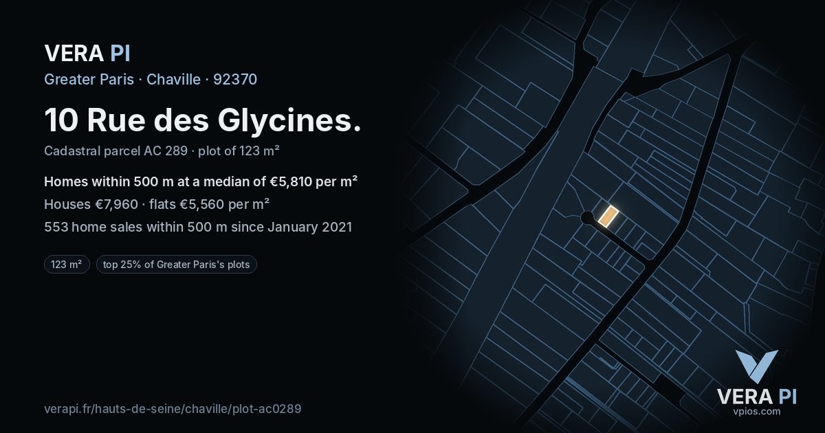 10 Rue des Glycines, Chaville at night – the plot lit, the parcels around coloured by the prices near them