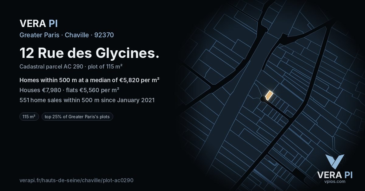 12 Rue des Glycines, Chaville at night – the plot lit, the parcels around coloured by the prices near them