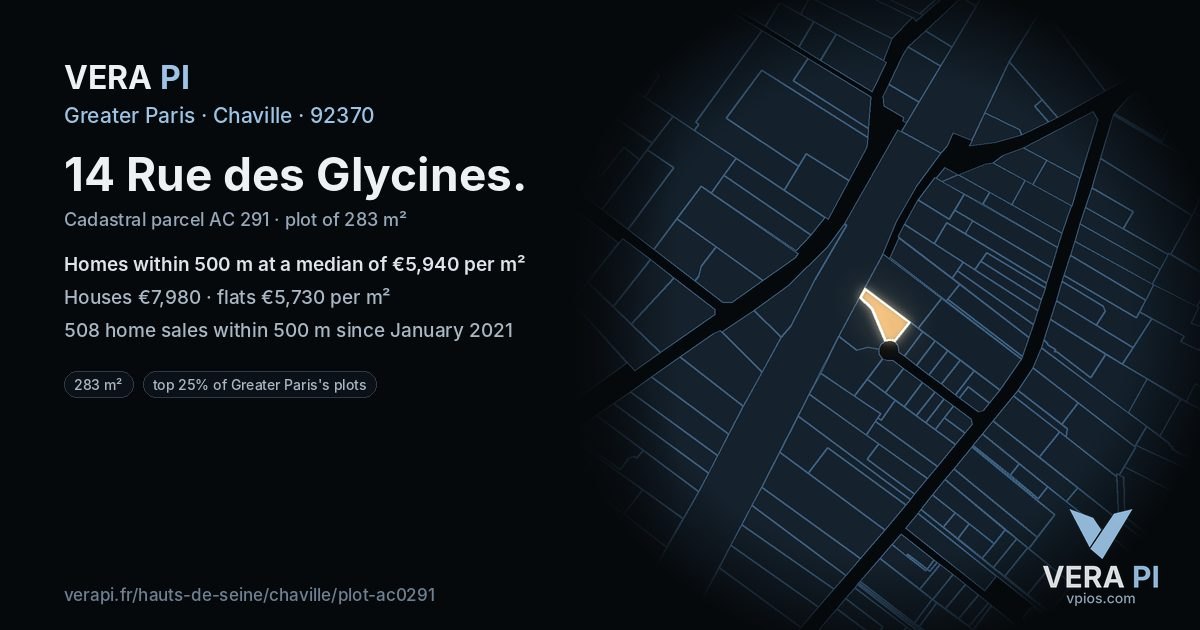 14 Rue des Glycines, Chaville at night – the plot lit, the parcels around coloured by the prices near them