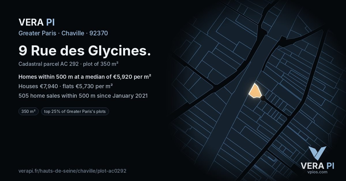 9 Rue des Glycines, Chaville at night – the plot lit, the parcels around coloured by the prices near them
