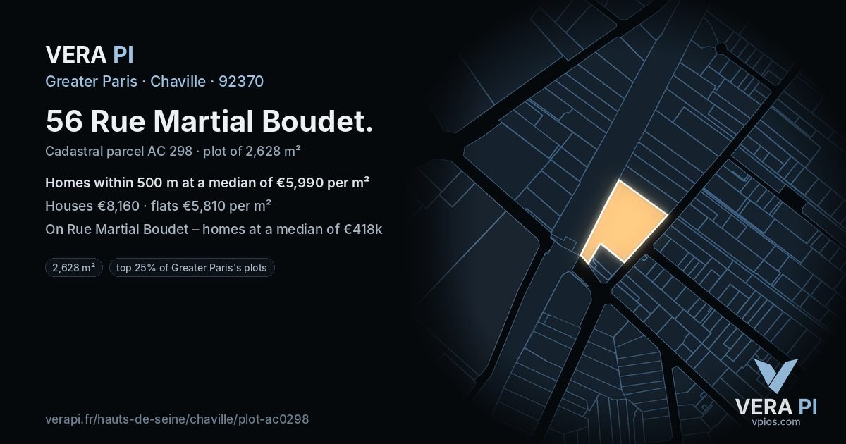 56 Rue Martial Boudet, Chaville at night – the plot lit, the parcels around coloured by the prices near them