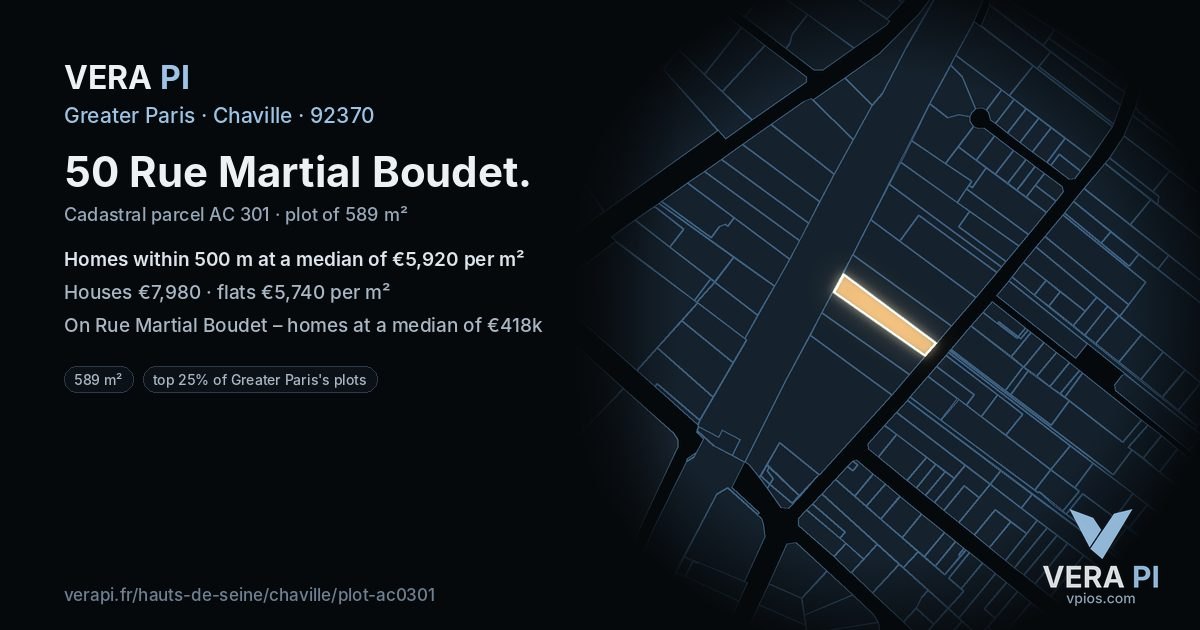 50 Rue Martial Boudet, Chaville at night – the plot lit, the parcels around coloured by the prices near them