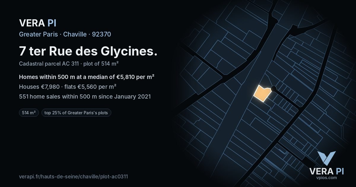 7 ter Rue des Glycines, Chaville at night – the plot lit, the parcels around coloured by the prices near them