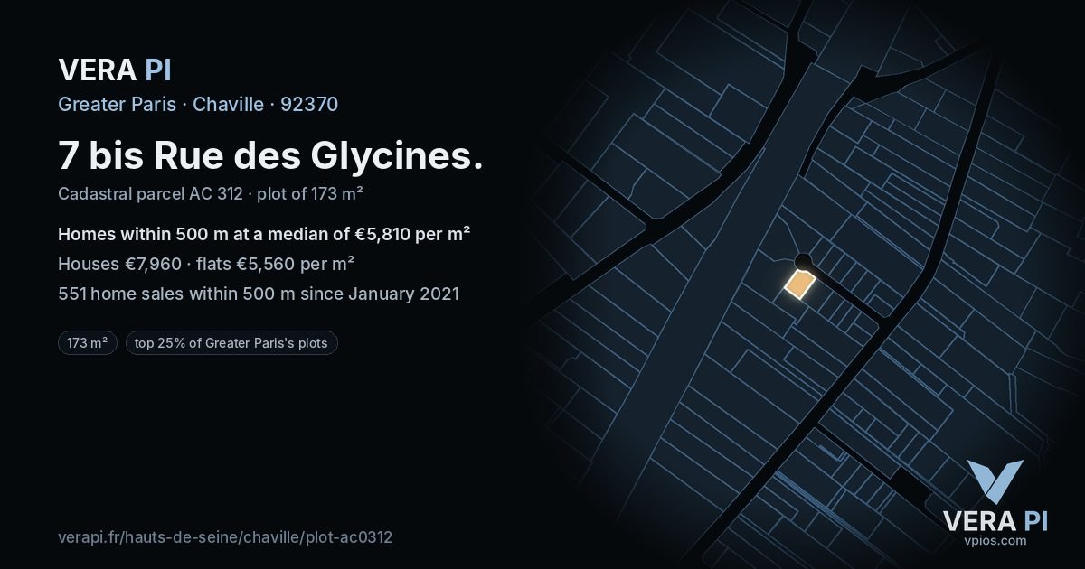 7 bis Rue des Glycines, Chaville at night – the plot lit, the parcels around coloured by the prices near them