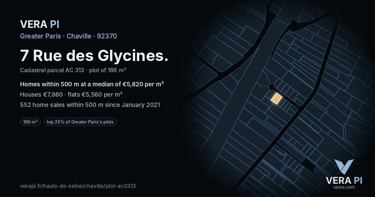 7 Rue des Glycines, Chaville at night – the plot lit, the parcels around coloured by the prices near them