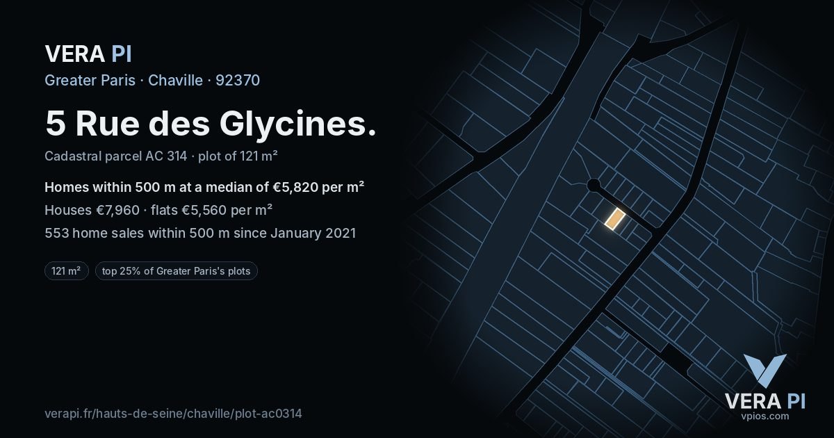 5 Rue des Glycines, Chaville at night – the plot lit, the parcels around coloured by the prices near them