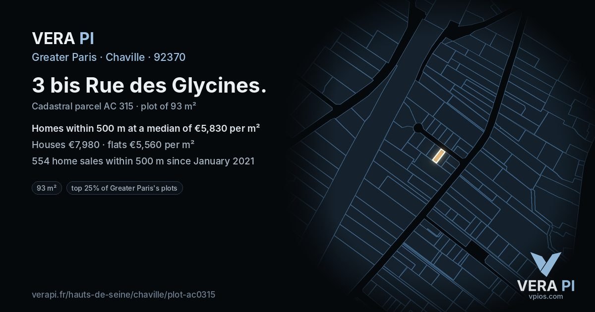 3 bis Rue des Glycines, Chaville at night – the plot lit, the parcels around coloured by the prices near them