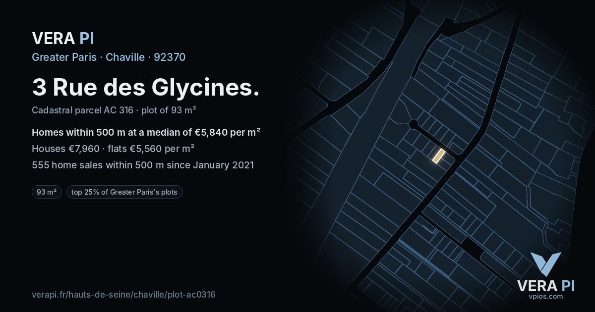 3 Rue des Glycines, Chaville at night – the plot lit, the parcels around coloured by the prices near them