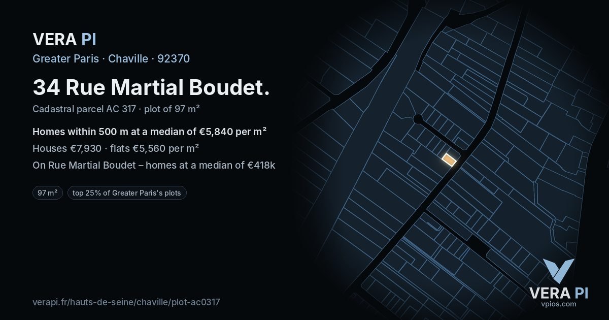 34 Rue Martial Boudet, Chaville at night – the plot lit, the parcels around coloured by the prices near them