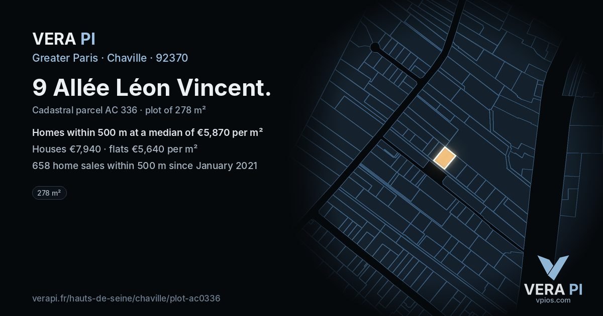 9 Allée Léon Vincent, Chaville at night – the plot lit, the parcels around coloured by the prices near them