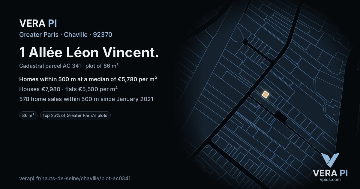 1 Allée Léon Vincent, Chaville at night – the plot lit, the parcels around coloured by the prices near them