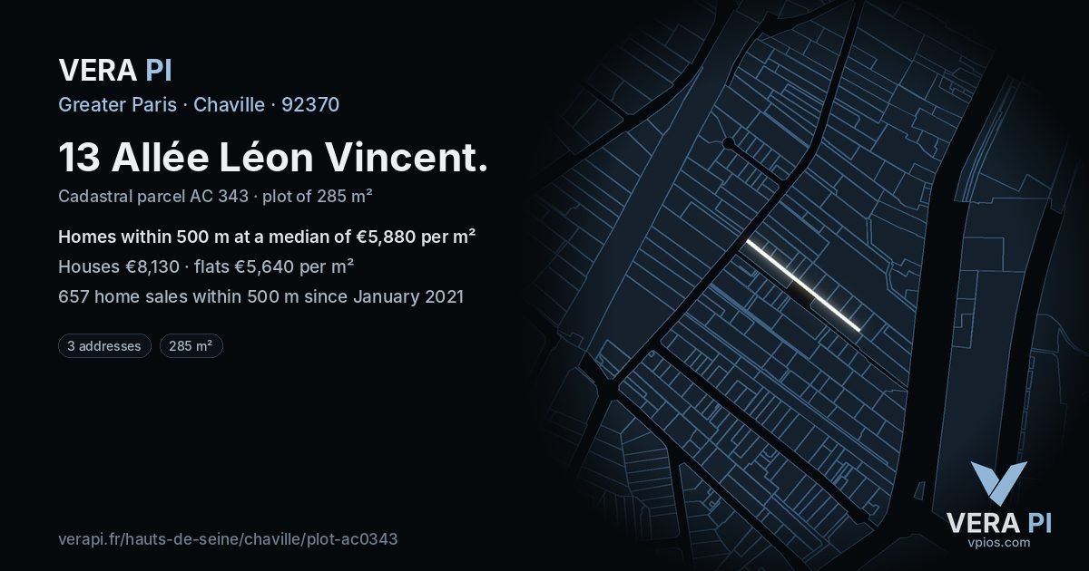 13 Allée Léon Vincent, Chaville at night – the plot lit, the parcels around coloured by the prices near them