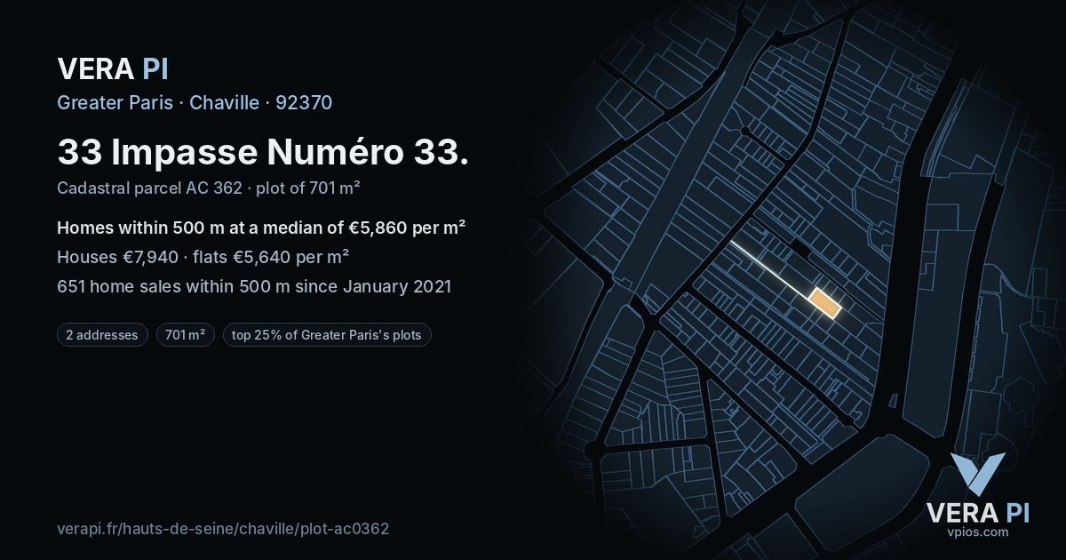 33 Impasse Numéro 33, Chaville at night – the plot lit, the parcels around coloured by the prices near them