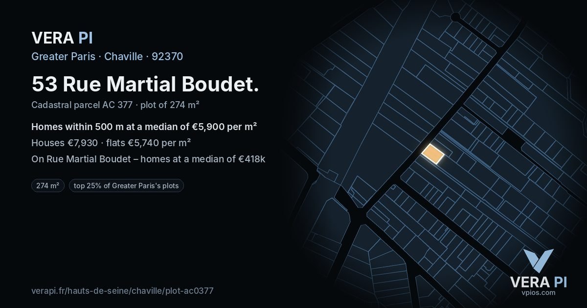 53 Rue Martial Boudet, Chaville at night – the plot lit, the parcels around coloured by the prices near them